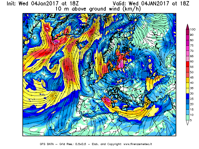 Mappa di analisi GFS - Velocità del vento a 10 metri dal suolo [km/h] in Europa
									del 04/01/2017 18 <!--googleoff: index-->UTC<!--googleon: index-->