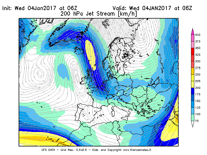 Mappa di analisi GFS - Jet Stream a 200 hPa in Europa
							del 04/01/2017 06 <!--googleoff: index-->UTC<!--googleon: index-->