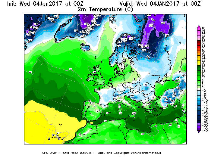 Mappa di analisi GFS - Temperatura a 2 metri dal suolo [°C] in Europa
									del 04/01/2017 00 <!--googleoff: index-->UTC<!--googleon: index-->