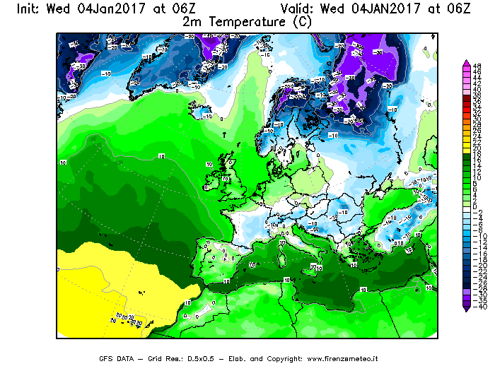 Mappa di analisi GFS - Temperatura a 2 metri dal suolo [°C] in Europa
							del 04/01/2017 06 <!--googleoff: index-->UTC<!--googleon: index-->