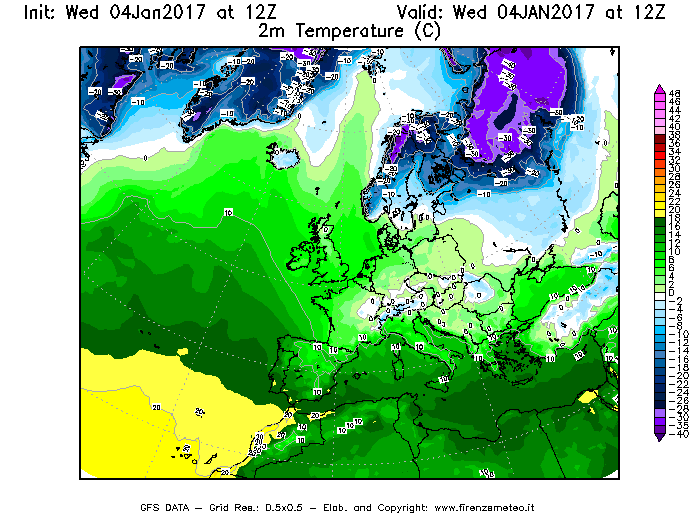 Mappa di analisi GFS - Temperatura a 2 metri dal suolo [°C] in Europa
							del 04/01/2017 12 <!--googleoff: index-->UTC<!--googleon: index-->