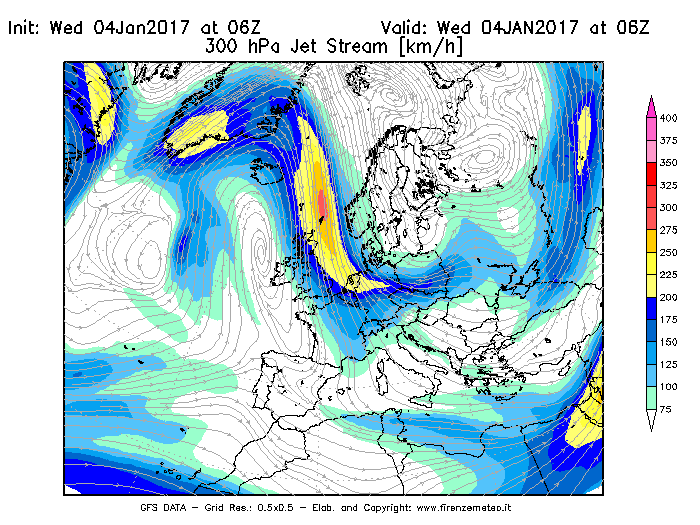 Mappa di analisi GFS - Jet Stream a 300 hPa in Europa
							del 04/01/2017 06 <!--googleoff: index-->UTC<!--googleon: index-->