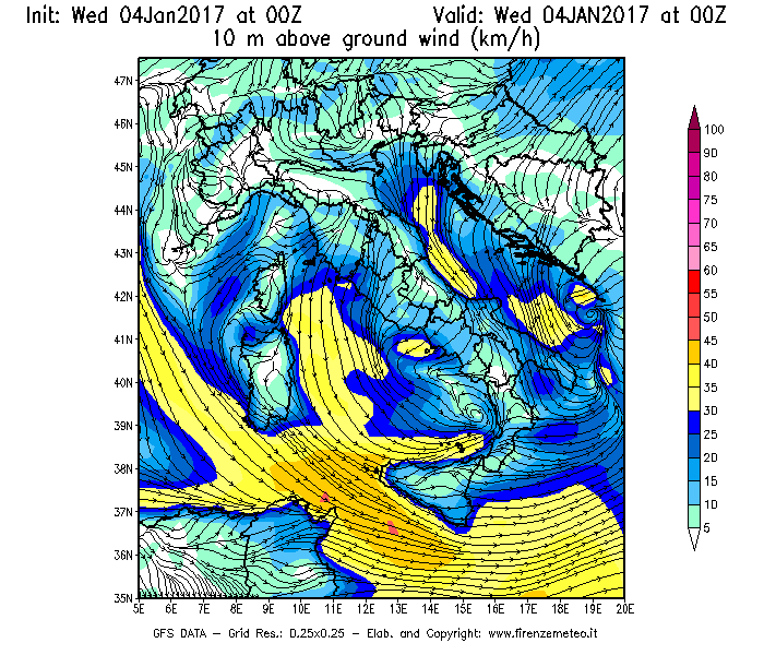 Mappa di analisi GFS - Velocità del vento a 10 metri dal suolo [km/h] in Italia
									del 04/01/2017 00 <!--googleoff: index-->UTC<!--googleon: index-->