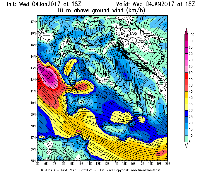 Mappa di analisi GFS - Velocità del vento a 10 metri dal suolo [km/h] in Italia
									del 04/01/2017 18 <!--googleoff: index-->UTC<!--googleon: index-->