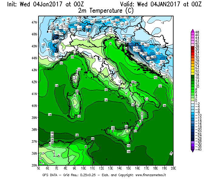Mappa di analisi GFS - Temperatura a 2 metri dal suolo [°C] in Italia
							del 04/01/2017 00 <!--googleoff: index-->UTC<!--googleon: index-->