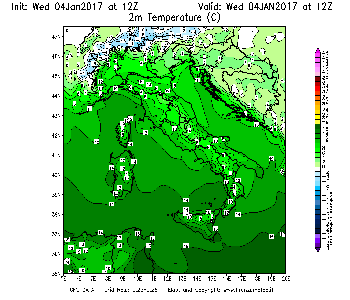 Mappa di analisi GFS - Temperatura a 2 metri dal suolo [°C] in Italia
							del 04/01/2017 12 <!--googleoff: index-->UTC<!--googleon: index-->
