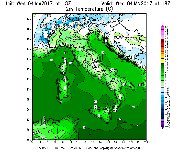 Mappa di analisi GFS - Temperatura a 2 metri dal suolo [°C] in Italia
							del 04/01/2017 18 <!--googleoff: index-->UTC<!--googleon: index-->