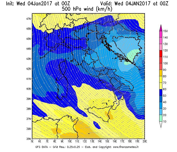 Mappa di analisi GFS - Velocità del vento a 500 hPa [km/h] in Italia
							del 04/01/2017 00 <!--googleoff: index-->UTC<!--googleon: index-->