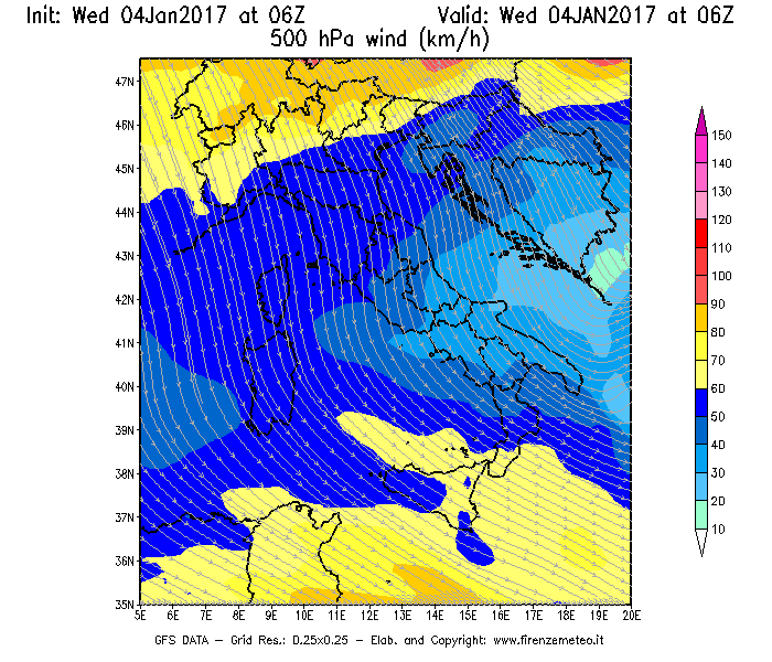 Mappa di analisi GFS - Velocità del vento a 500 hPa [km/h] in Italia
							del 04/01/2017 06 <!--googleoff: index-->UTC<!--googleon: index-->