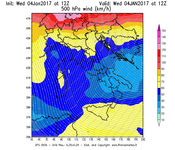 Mappa di analisi GFS - Velocità del vento a 500 hPa [km/h] in Italia
									del 04/01/2017 12 <!--googleoff: index-->UTC<!--googleon: index-->