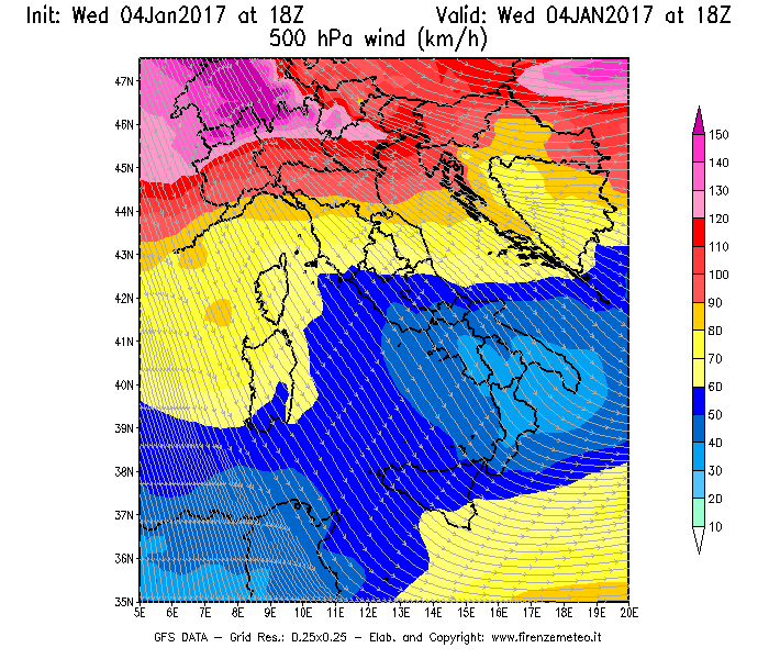 Mappa di analisi GFS - Velocità del vento a 500 hPa [km/h] in Italia
							del 04/01/2017 18 <!--googleoff: index-->UTC<!--googleon: index-->