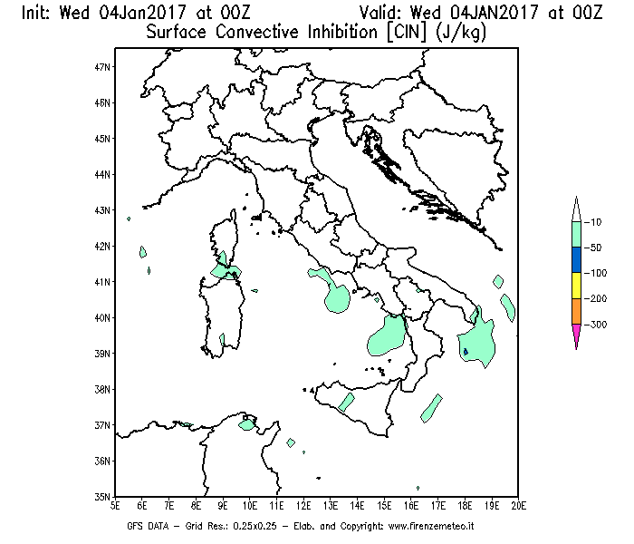 Mappa di analisi GFS - CIN [J/kg] in Italia
									del 04/01/2017 00 <!--googleoff: index-->UTC<!--googleon: index-->