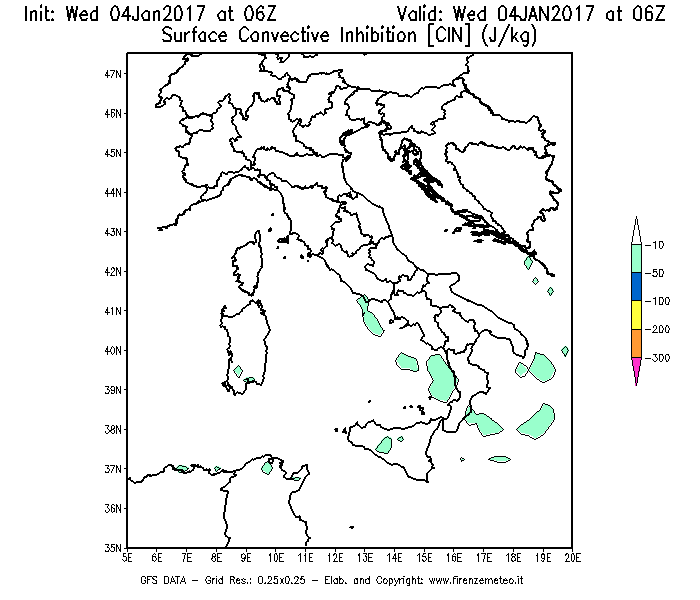 Mappa di analisi GFS - CIN [J/kg] in Italia
							del 04/01/2017 06 <!--googleoff: index-->UTC<!--googleon: index-->
