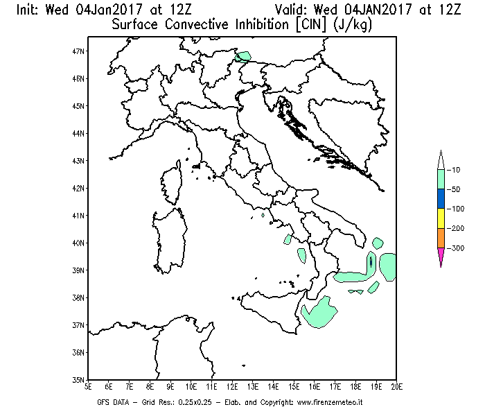 Mappa di analisi GFS - CIN [J/kg] in Italia
									del 04/01/2017 12 <!--googleoff: index-->UTC<!--googleon: index-->