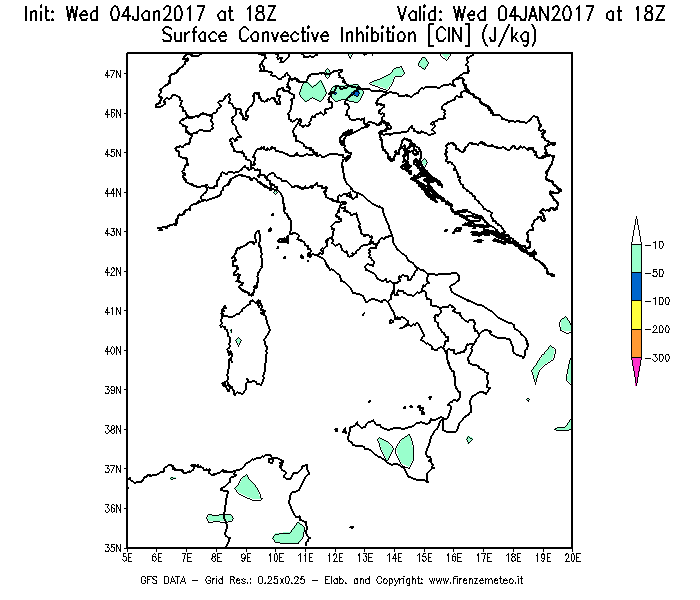 Mappa di analisi GFS - CIN [J/kg] in Italia
									del 04/01/2017 18 <!--googleoff: index-->UTC<!--googleon: index-->