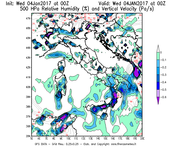 Mappa di analisi GFS - Umidità relativa [%] e Omega [Pa/s] a 500 hPa in Italia
									del 04/01/2017 00 <!--googleoff: index-->UTC<!--googleon: index-->