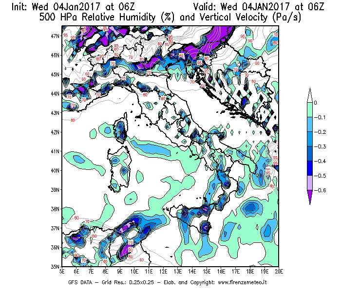 Mappa di analisi GFS - Umidità relativa [%] e Omega [Pa/s] a 500 hPa in Italia
							del 04/01/2017 06 <!--googleoff: index-->UTC<!--googleon: index-->