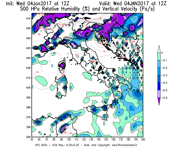 Mappa di analisi GFS - Umidità relativa [%] e Omega [Pa/s] a 500 hPa in Italia
							del 04/01/2017 12 <!--googleoff: index-->UTC<!--googleon: index-->