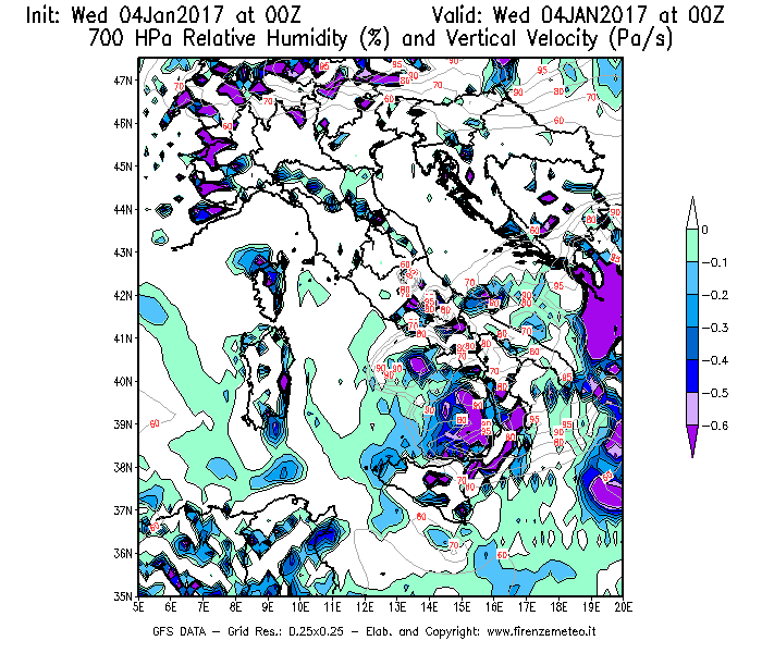 Mappa di analisi GFS - Umidità relativa [%] e Omega [Pa/s] a 700 hPa in Italia
									del 04/01/2017 00 <!--googleoff: index-->UTC<!--googleon: index-->