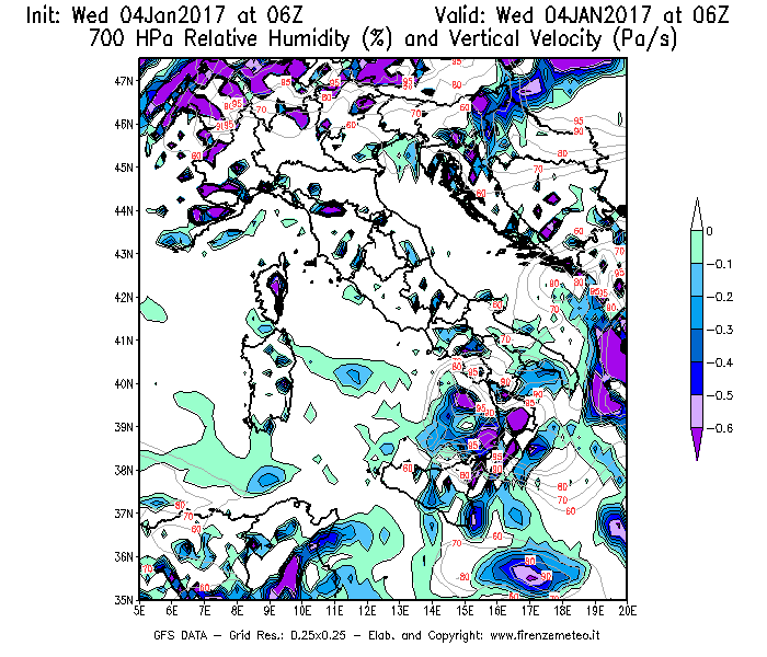 Mappa di analisi GFS - Umidità relativa [%] e Omega [Pa/s] a 700 hPa in Italia
							del 04/01/2017 06 <!--googleoff: index-->UTC<!--googleon: index-->