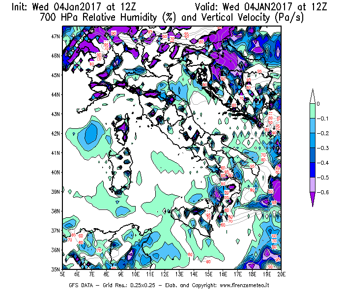 Mappa di analisi GFS - Umidità relativa [%] e Omega [Pa/s] a 700 hPa in Italia
							del 04/01/2017 12 <!--googleoff: index-->UTC<!--googleon: index-->