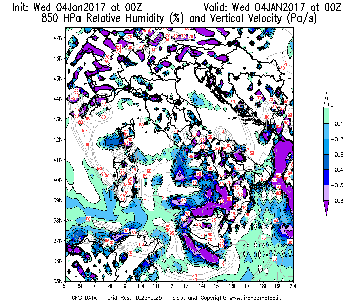 Mappa di analisi GFS - Umidità relativa [%] e Omega [Pa/s] a 850 hPa in Italia
									del 04/01/2017 00 <!--googleoff: index-->UTC<!--googleon: index-->