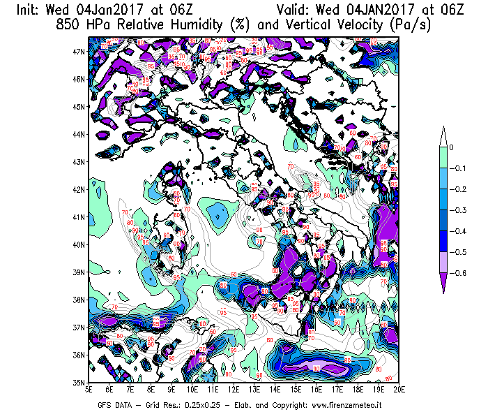 Mappa di analisi GFS - Umidità relativa [%] e Omega [Pa/s] a 850 hPa in Italia
									del 04/01/2017 06 <!--googleoff: index-->UTC<!--googleon: index-->