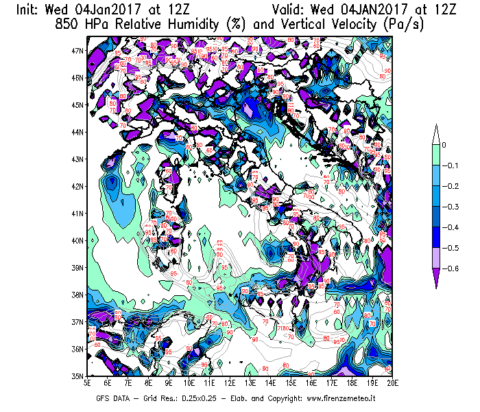 Mappa di analisi GFS - Umidità relativa [%] e Omega [Pa/s] a 850 hPa in Italia
									del 04/01/2017 12 <!--googleoff: index-->UTC<!--googleon: index-->