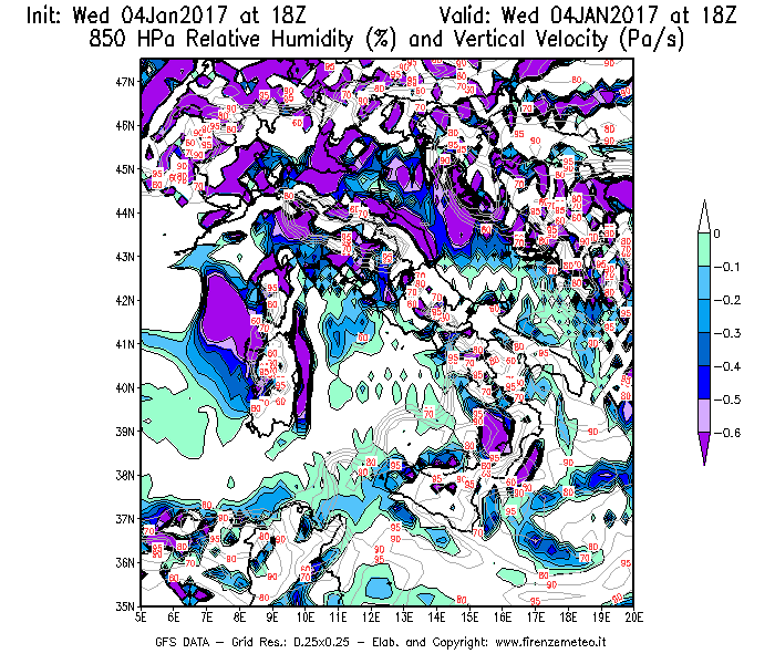 Mappa di analisi GFS - Umidità relativa [%] e Omega [Pa/s] a 850 hPa in Italia
							del 04/01/2017 18 <!--googleoff: index-->UTC<!--googleon: index-->