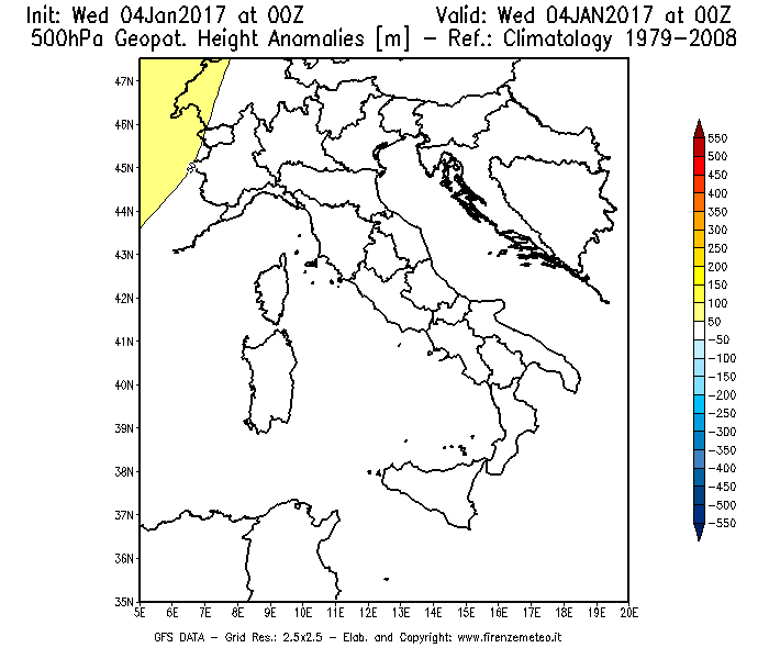 Mappa di analisi GFS - Anomalia di Geopotenziale a 500 hPa in Italia
							del 04/01/2017 00 <!--googleoff: index-->UTC<!--googleon: index-->