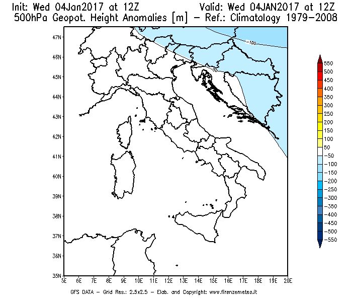Mappa di analisi GFS - Anomalia di Geopotenziale a 500 hPa in Italia
							del 04/01/2017 12 <!--googleoff: index-->UTC<!--googleon: index-->
