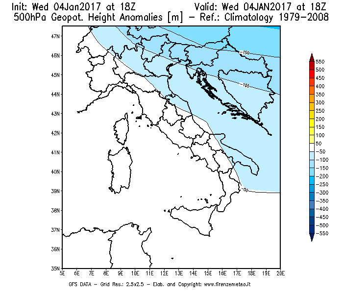 Mappa di analisi GFS - Anomalia di Geopotenziale a 500 hPa in Italia
							del 04/01/2017 18 <!--googleoff: index-->UTC<!--googleon: index-->