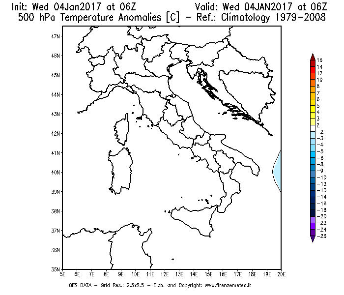 Mappa di analisi GFS - Anomalia Temperatura [°C] a 500 hPa in Italia
							del 04/01/2017 06 <!--googleoff: index-->UTC<!--googleon: index-->