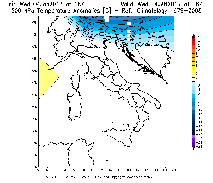 Mappa di analisi GFS - Anomalia Temperatura [°C] a 500 hPa in Italia
							del 04/01/2017 18 <!--googleoff: index-->UTC<!--googleon: index-->