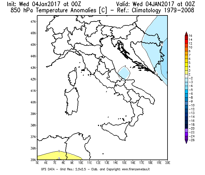 Mappa di analisi GFS - Anomalia Temperatura [°C] a 850 hPa in Italia
							del 04/01/2017 00 <!--googleoff: index-->UTC<!--googleon: index-->
