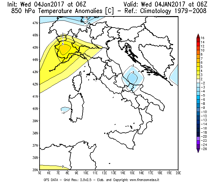 Mappa di analisi GFS - Anomalia Temperatura [°C] a 850 hPa in Italia
									del 04/01/2017 06 <!--googleoff: index-->UTC<!--googleon: index-->