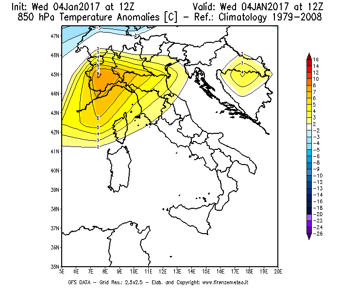 Mappa di analisi GFS - Anomalia Temperatura [°C] a 850 hPa in Italia
									del 04/01/2017 12 <!--googleoff: index-->UTC<!--googleon: index-->