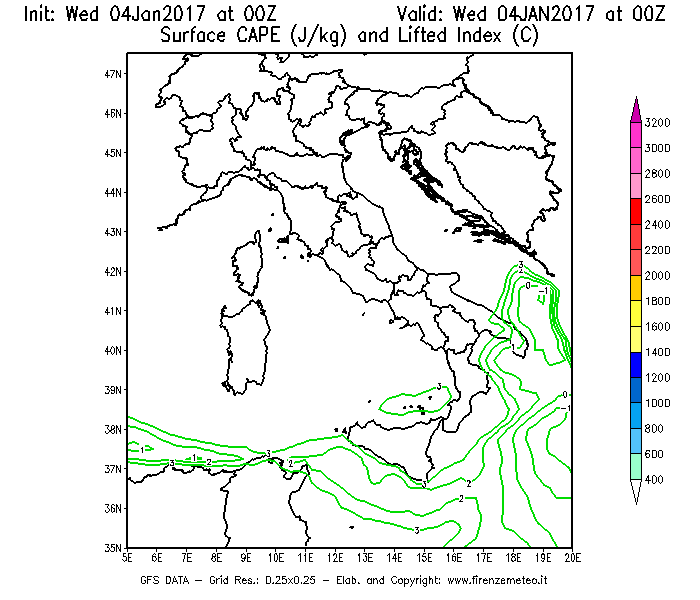 Mappa di analisi GFS - CAPE [J/kg] e Lifted Index [°C] in Italia
							del 04/01/2017 00 <!--googleoff: index-->UTC<!--googleon: index-->