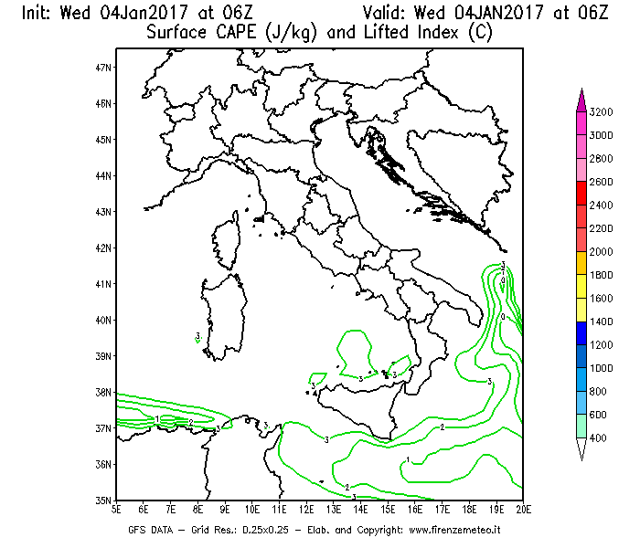 Mappa di analisi GFS - CAPE [J/kg] e Lifted Index [°C] in Italia
							del 04/01/2017 06 <!--googleoff: index-->UTC<!--googleon: index-->