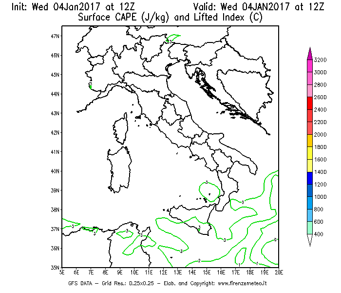 Mappa di analisi GFS - CAPE [J/kg] e Lifted Index [°C] in Italia
							del 04/01/2017 12 <!--googleoff: index-->UTC<!--googleon: index-->