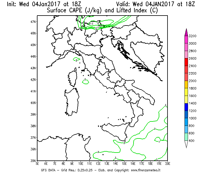 Mappa di analisi GFS - CAPE [J/kg] e Lifted Index [°C] in Italia
							del 04/01/2017 18 <!--googleoff: index-->UTC<!--googleon: index-->