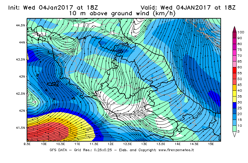 Mappa di analisi GFS - Velocità del vento a 10 metri dal suolo [km/h] in Centro-Italia
									del 04/01/2017 18 <!--googleoff: index-->UTC<!--googleon: index-->