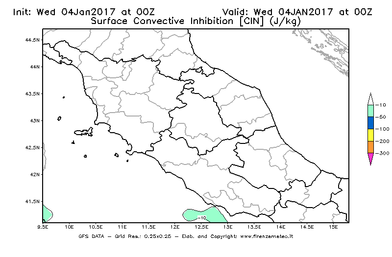 Mappa di analisi GFS - CIN [J/kg] in Centro-Italia
									del 04/01/2017 00 <!--googleoff: index-->UTC<!--googleon: index-->