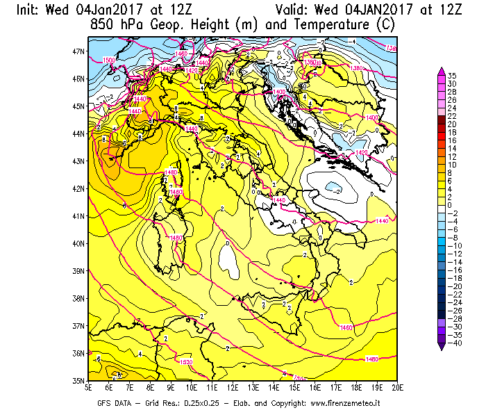 Mappa di analisi GFS - Geopotenziale [m] e Temperatura [°C] a 850 hPa in Italia
									del 04/01/2017 12 <!--googleoff: index-->UTC<!--googleon: index-->