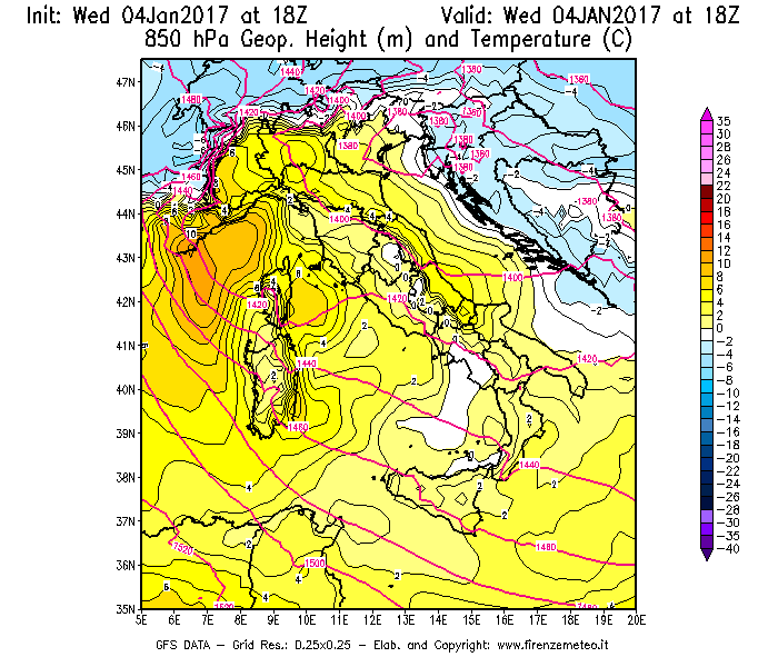 Mappa di analisi GFS - Geopotenziale [m] e Temperatura [°C] a 850 hPa in Italia
							del 04/01/2017 18 <!--googleoff: index-->UTC<!--googleon: index-->