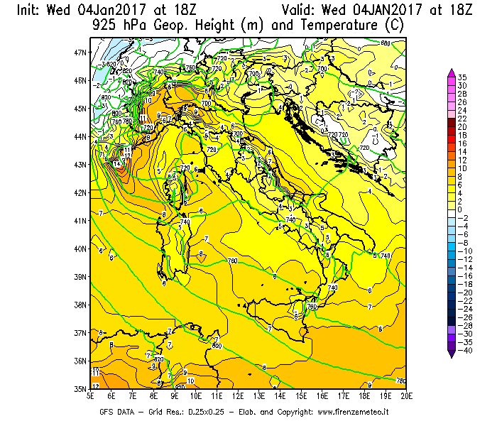Mappa di analisi GFS - Geopotenziale [m] e Temperatura [°C] a 925 hPa in Italia
							del 04/01/2017 18 <!--googleoff: index-->UTC<!--googleon: index-->