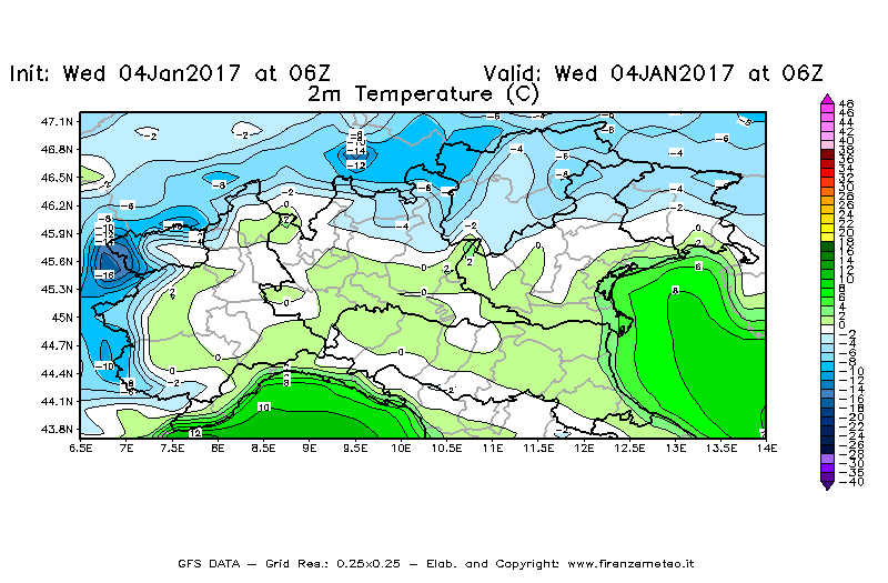 Mappa di analisi GFS - Temperatura a 2 metri dal suolo [°C] in Nord-Italia
							del 04/01/2017 06 <!--googleoff: index-->UTC<!--googleon: index-->