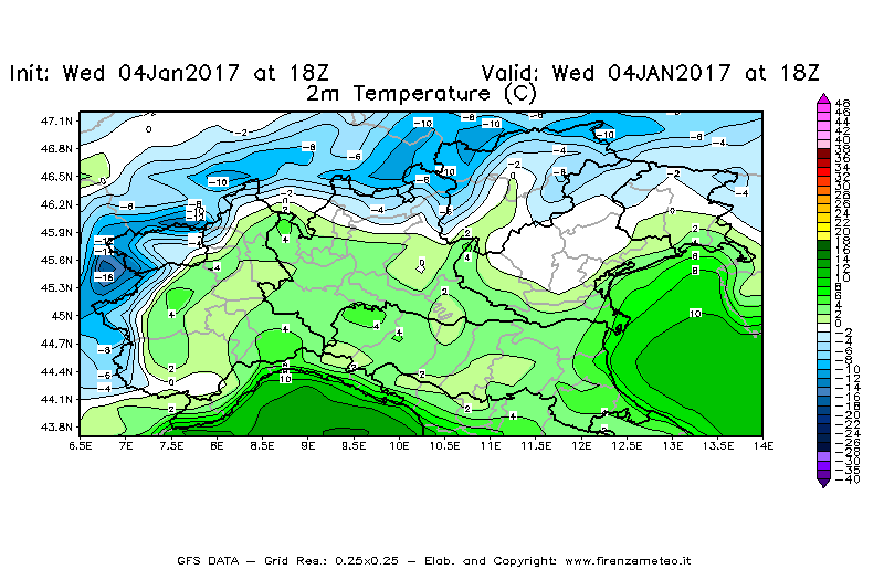 Mappa di analisi GFS - Temperatura a 2 metri dal suolo [°C] in Nord-Italia
							del 04/01/2017 18 <!--googleoff: index-->UTC<!--googleon: index-->
