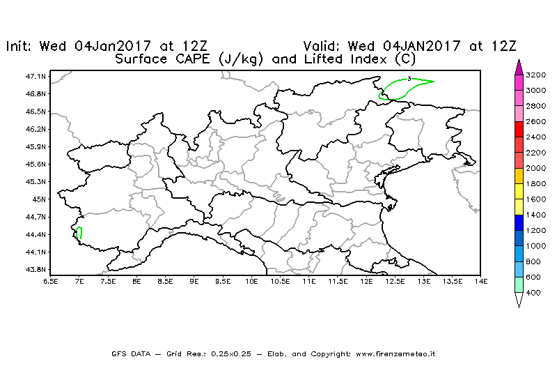 Mappa di analisi GFS - CAPE [J/kg] e Lifted Index [°C] in Nord-Italia
							del 04/01/2017 12 <!--googleoff: index-->UTC<!--googleon: index-->