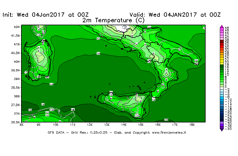 Mappa di analisi GFS - Temperatura a 2 metri dal suolo [°C] in Sud-Italia
							del 04/01/2017 00 <!--googleoff: index-->UTC<!--googleon: index-->